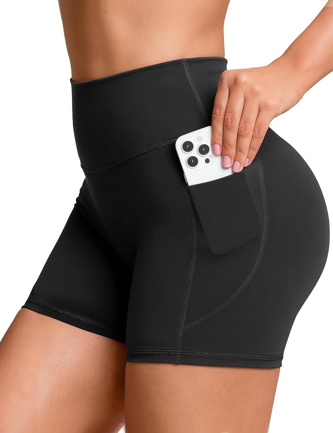 Sogetdo High Waisted Biker Shorts Women with Pockets 4.5" No Front Seam Athletic Workout Running Yoga Gym Shorts