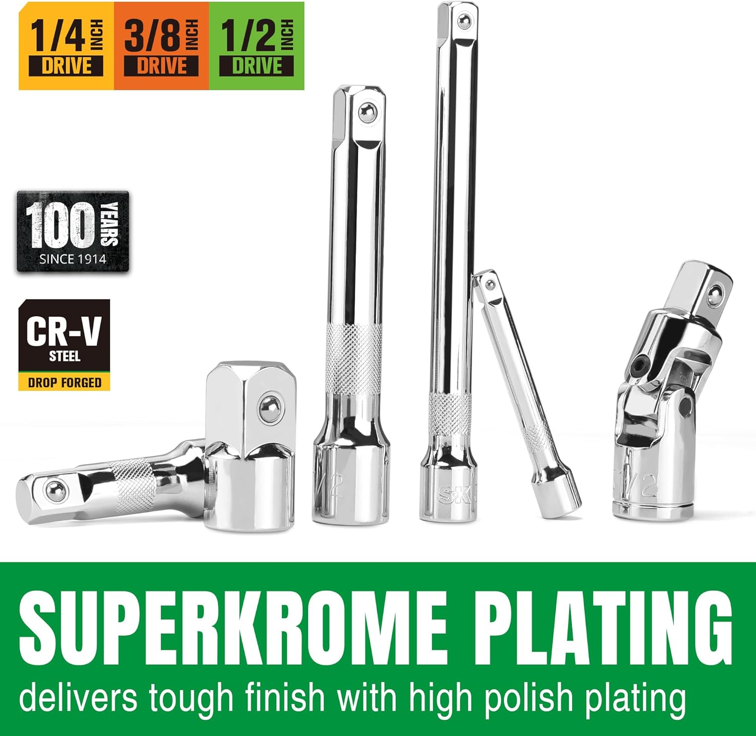 SK 20 Piece Socket Extension Set, 1/4", 3/8" and 1/2" Drive Extension Bar, Swivel Universal Joints and Adapters, SuperKrome Finish, Premium CR-V Construction
