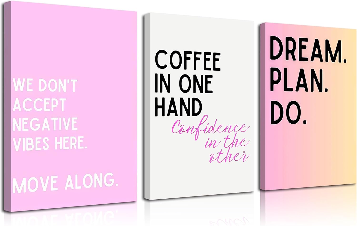3Pcs Pink Feminine Motivational Canvas Wall Art Inspirational Office Wall Decor Pictures We Don't Accept Negative Vibes Here Move Along Posters Prints for Office Study Room Artwork Home Decoration