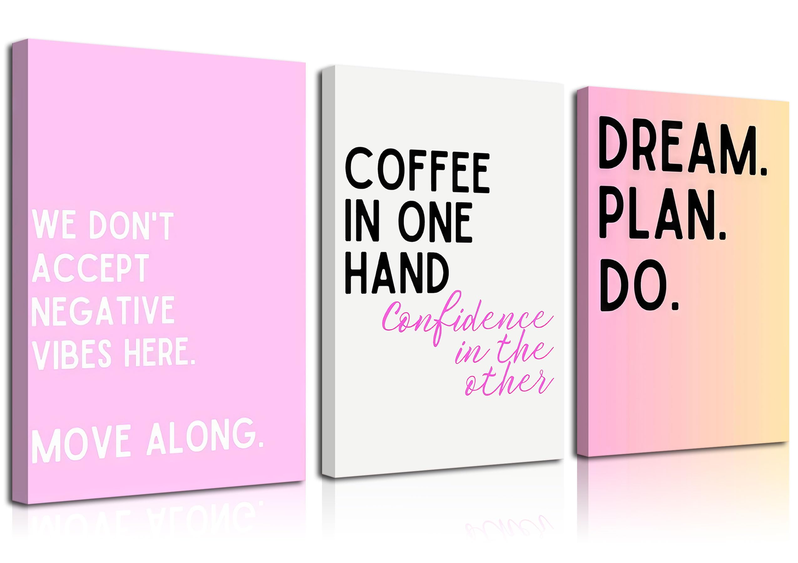 3 lienzos motivacionales femeninos rosados para pared, arte inspirador para la oficina, decoración de pared, imágenes con texto en inglés "We Don't Accept Negative Vibes Here Move Along", pósteres