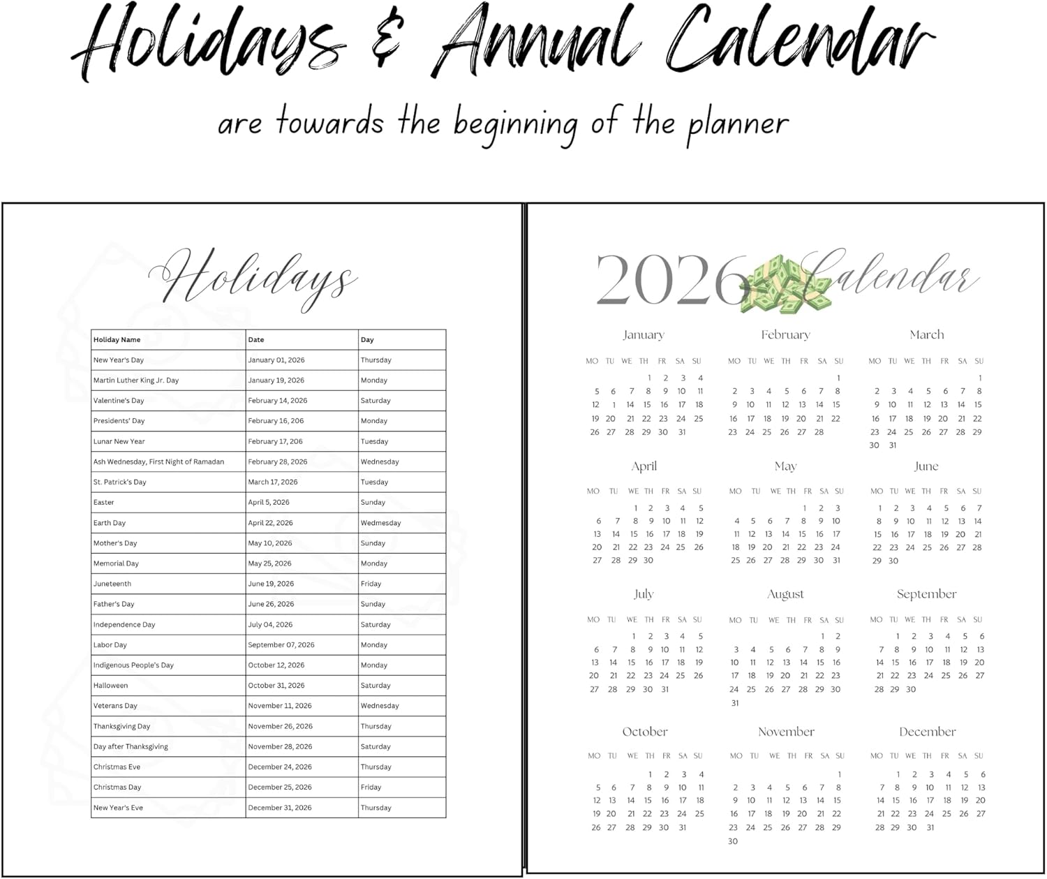 2026 Planner - Durable Hardcover - Weekly and Monthly from January to December - Manifest Money Theme (Planners with Manifestation Theme) - English & Spanish