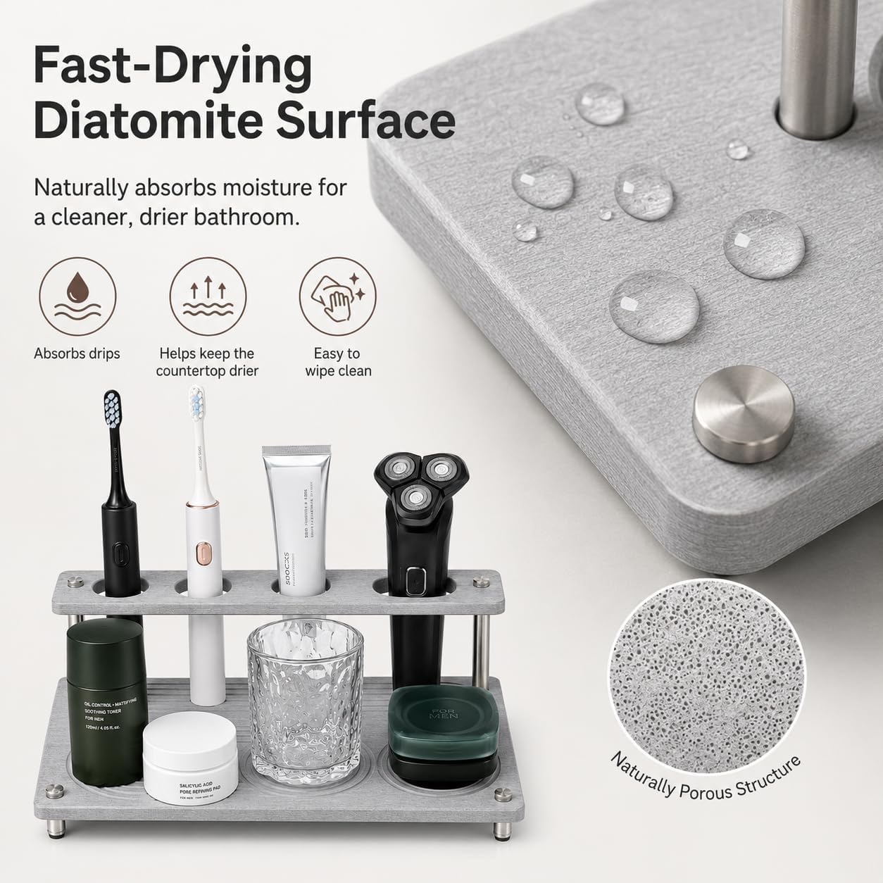 Diatomite Bathroom Organizer for Men with Shaver Slot, Gray | Diatomite Board,Bathroom Counter,Fast-Drying Tray,Shaver Slot,For Toothbrush Razor Cup Grooming Essentials