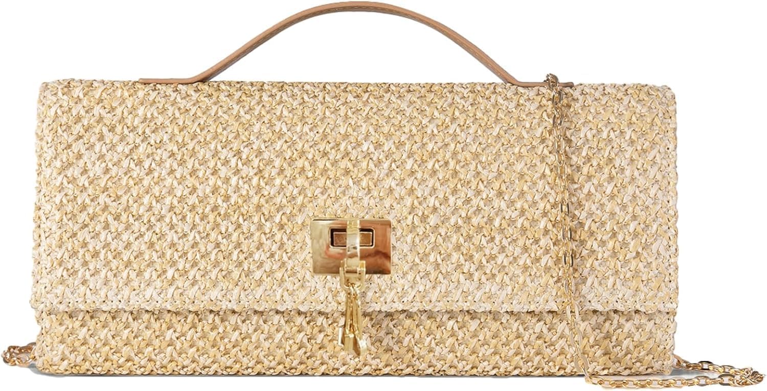 Summer straw woven top handle satchel, chain cross body clutch.