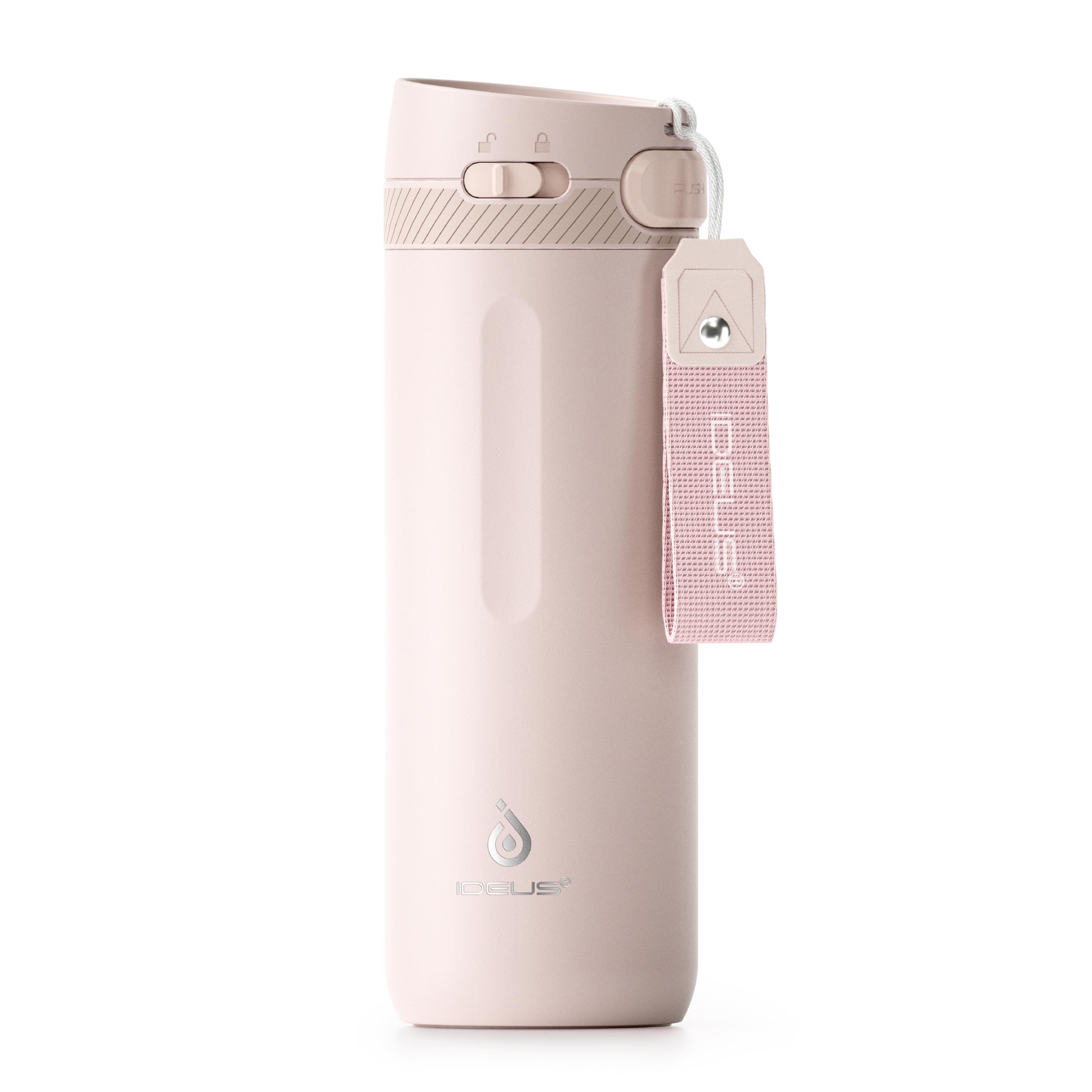 IDEUS Insulated Stainless Steel Water Bottle 17 oz Push Button Lid & Leakproof Travel Mug for Hot/Cold Beverages Fits Most Cup Holder (Light Pink)