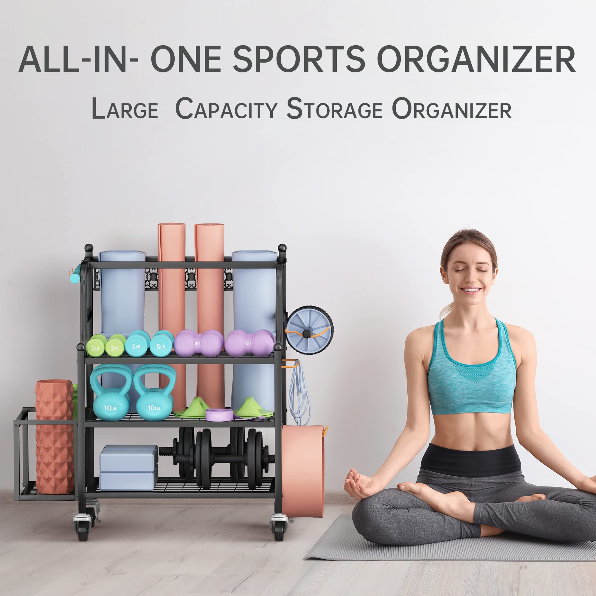 Yoga Mat Storage Racks, Home Gym Storage Rack for Organizing Kettlebells Dumbbells Foam Roller, All-in-One Workout Equipment Storage Organizer with Hooks and Wheels, Yoga Strap and Resistance Band