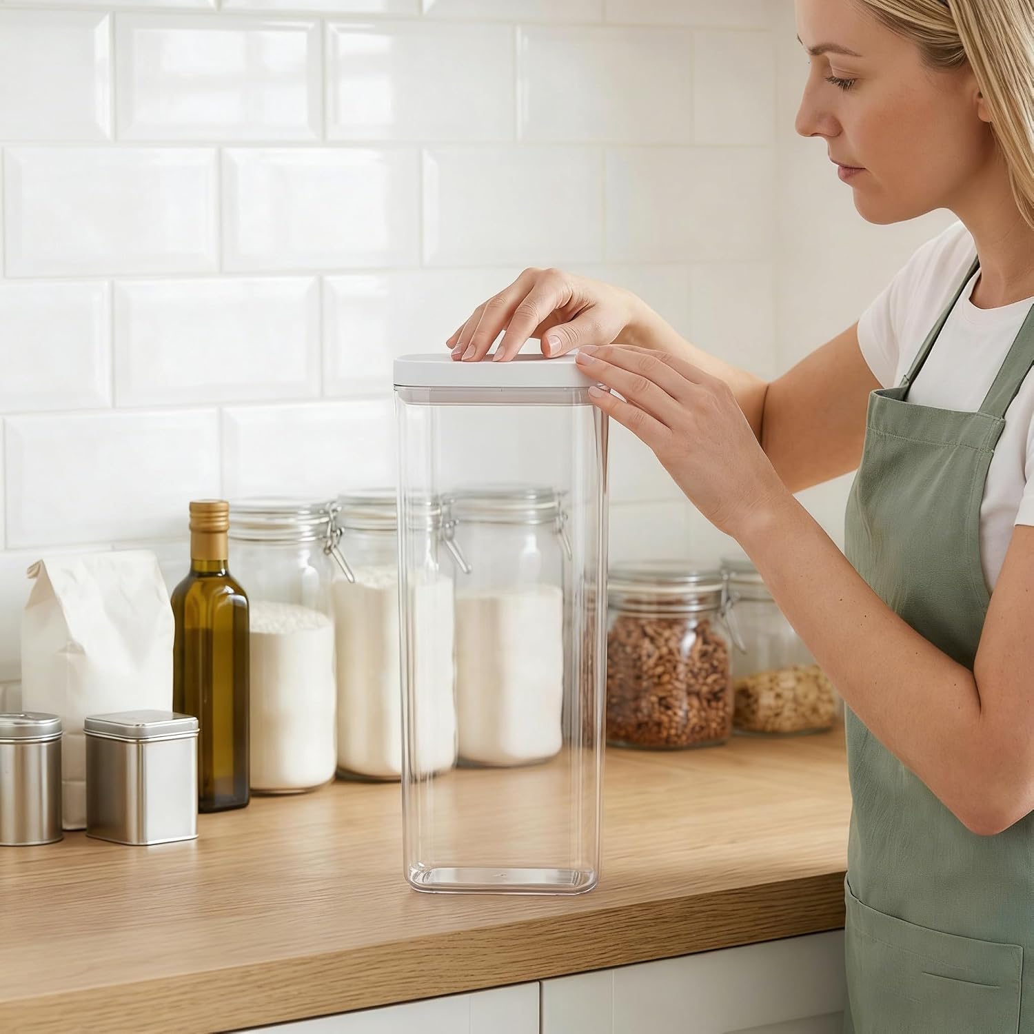 Pasta Storage Container 1800ml Airtight Spaghetti Holder with White Lid, Food-grade Kitchen Organizer for Pantry Dry Noodles Storage