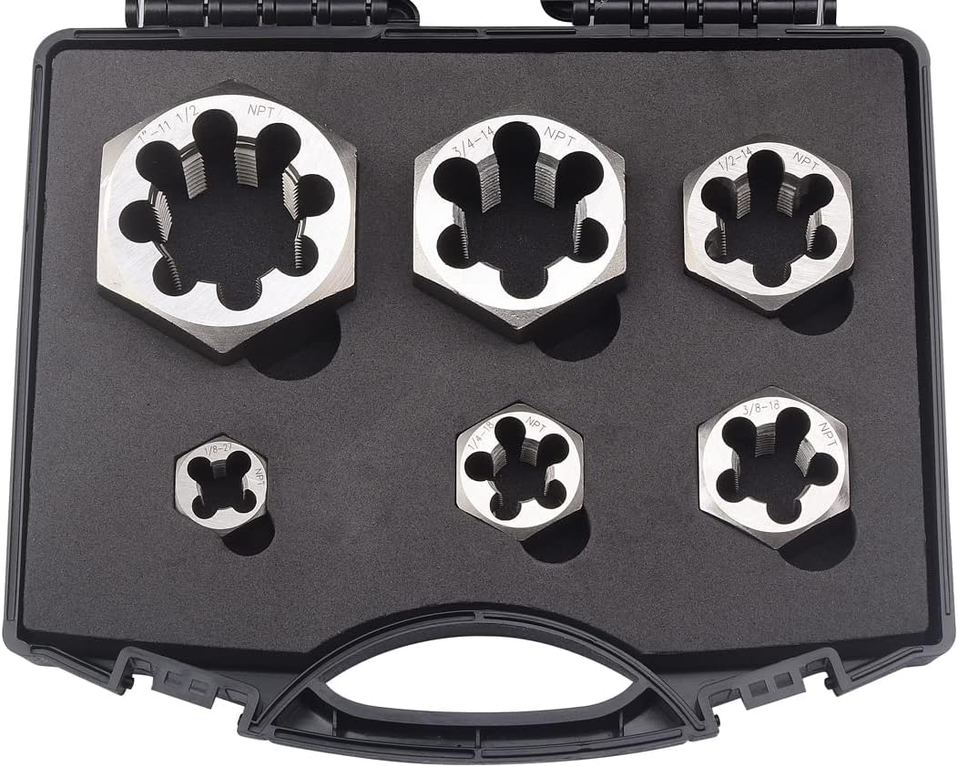 NPT Pipe Hex Die Set 6 Pcs Cartbon Steel 1/8"-27 1/4"-18 3/8"-18 1/2"-14 3/4"-14 1"-11 1/2