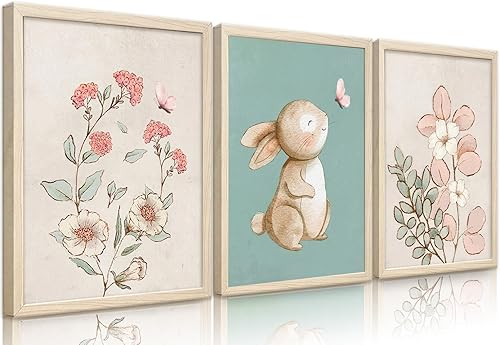 Generic Arte de pared para guardería, bonito conejo, flores botánicas, decoración de pared, cuadros de guardería rosa y verde, póster para
