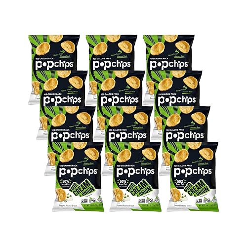 Popchips Potato Chips, Sour Cream & Onion, 24 ct Single Serve 0.8oz Bags, Low-Calorie and Gluten Free, Salty Snacks for Adults and Children, Kosher Snack - Sour Cream Onion
