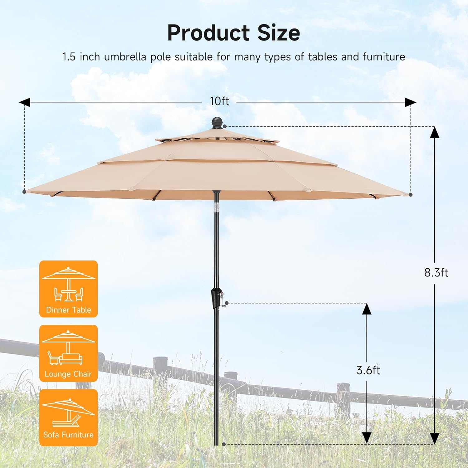 10 FT Patio Umbrella, 3 Tier Outdoor Table Umbrella with 8 Sturdy Glass Fiber Ribs and Push Button Tilt, Outdoor Patio Umbrellas for Market Pool Garden Backyard, 1.5" Pole, Champagne (No Base)
