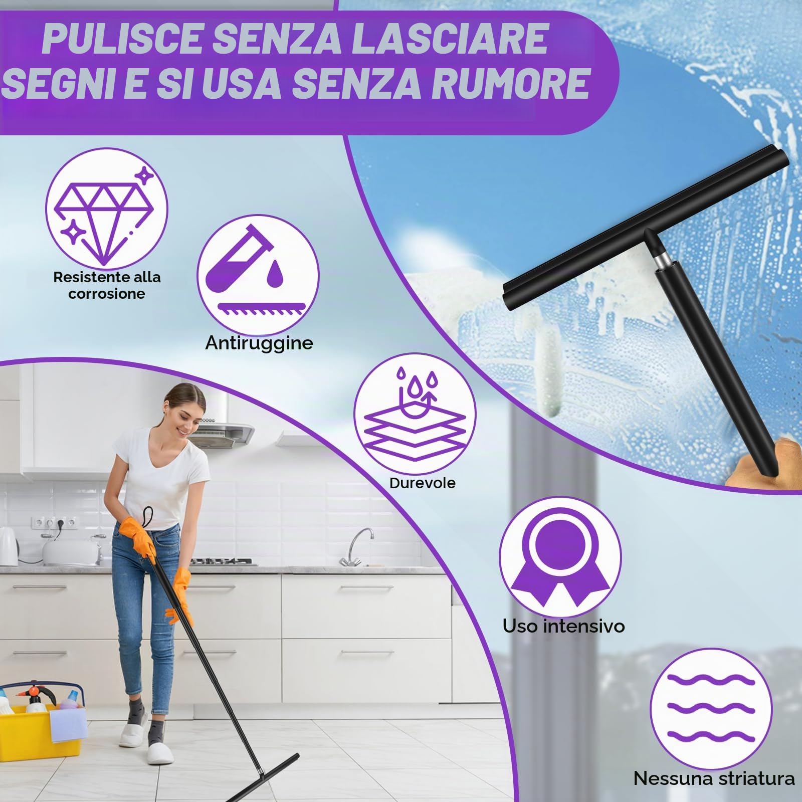 Tergivetro per Doccia, Pulisci Vetri Porte e Finestre Estensibile fino a 120 cm, Tira Acqua da Doccia con Gancio, Tergivetro Doccia Silicone con Anima per Finestre del Bagno