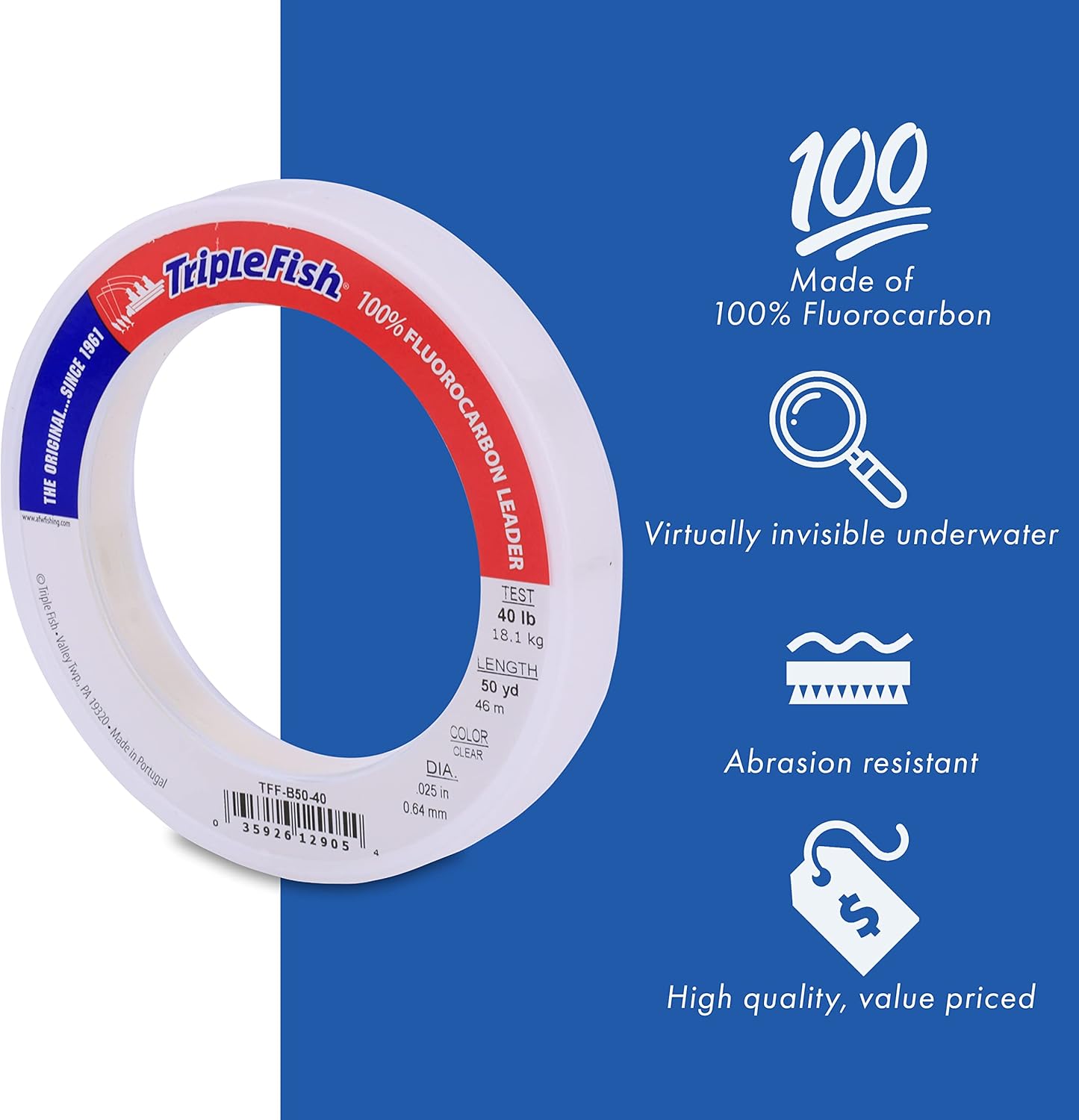 Triple Fish 100% Fluorocarbon Fishing Leader - Clear Invisible Strong and Heavy Duty Highly Abrasion Resistant, Fast Sinking Freshwater & Saltwater