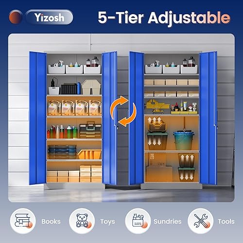 Miniatura 6 de Yizosh Armario de almacenamiento de metal para garaje con 2 puertas y 5 estantes ajustables, gabinete de archivo de acero con cerradura de 71