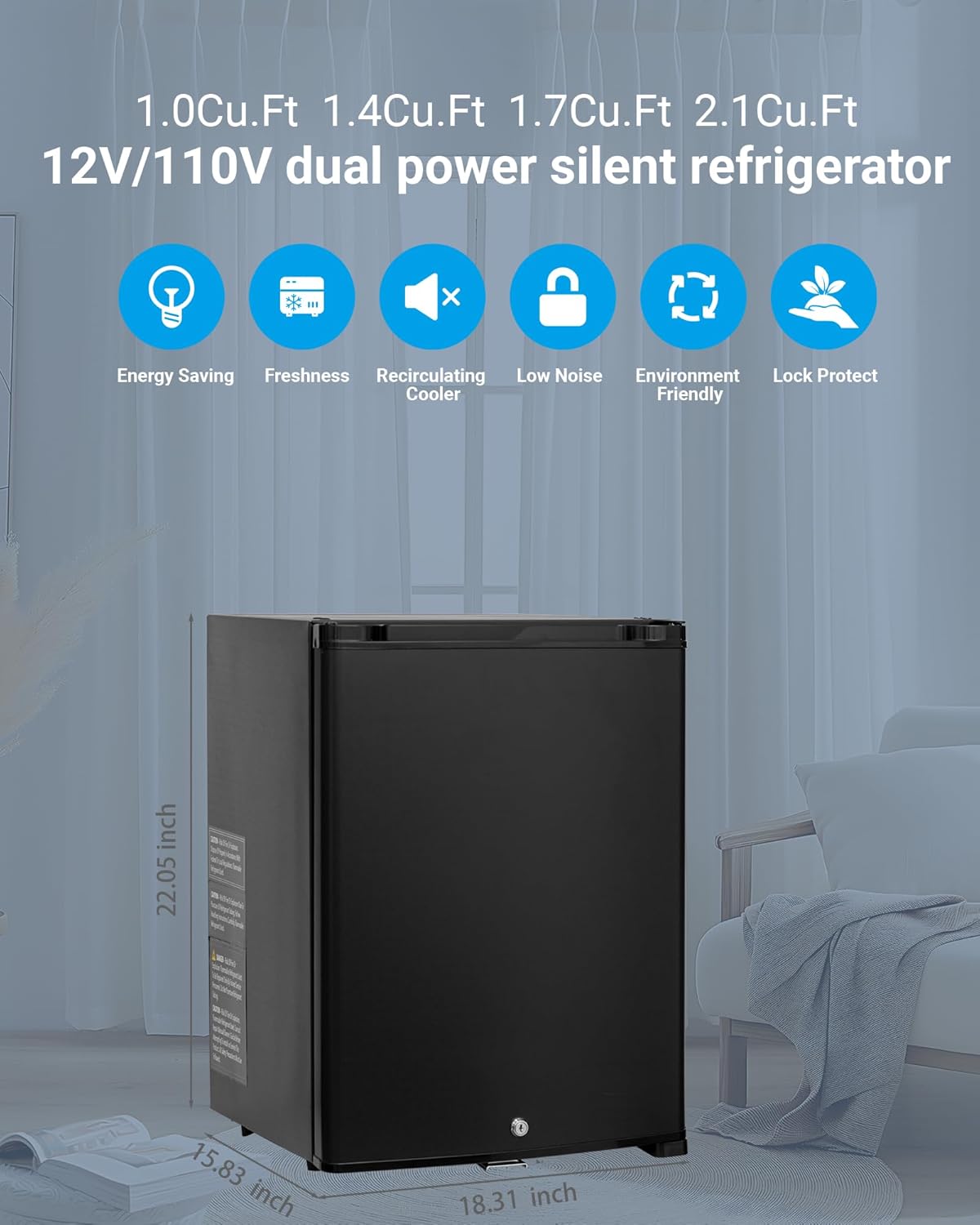 Mini Fridge with lock 110V/12V Compact Refrigerator 1.4 Cu.Ft, Reversible Door, Quiet Absorption, Mini Fridge for Bedroom Office RV Camper Semi Truck