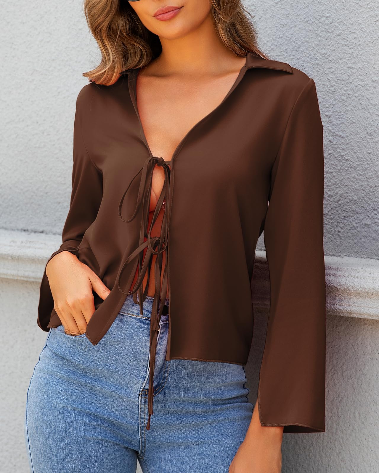 Womens Satin Blouses Going Out Tie Front Tops Sexy Deep V Neck Collared Long Sleeve Shirts