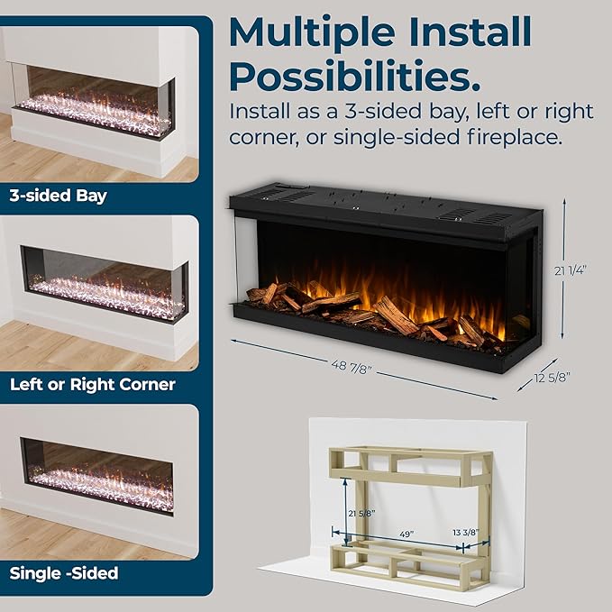 Ambe Chimenea Eléctrica Multi49 con Leña Real | 3 Lados | Estilo Empotrable Lineal miniatura 3