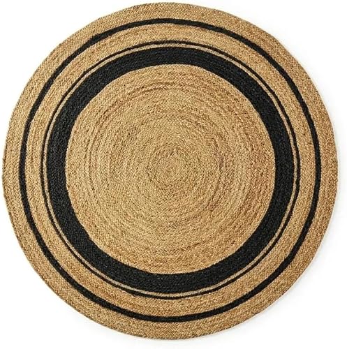 Round Jute Rug, Black Border, Handmade Natural Fiber, Boho F