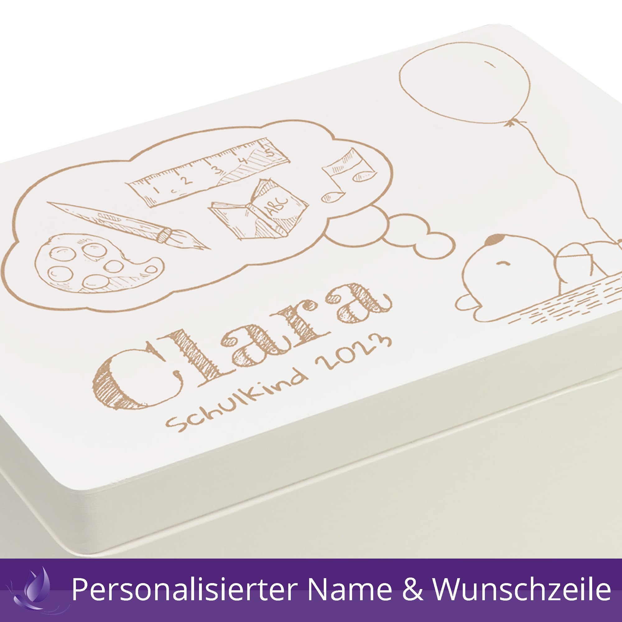 Holzbox Personalisiert zur Einschulung 40x30x23cm Weiß Aufbewahrungsbox