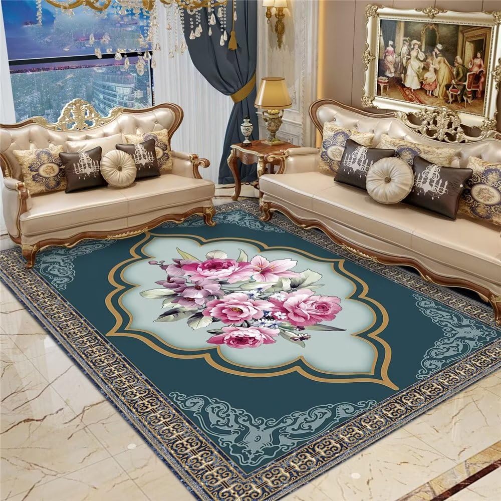 Tapis bleu vintage floral 170x240cm aux finitions soignées pour salon et chambre