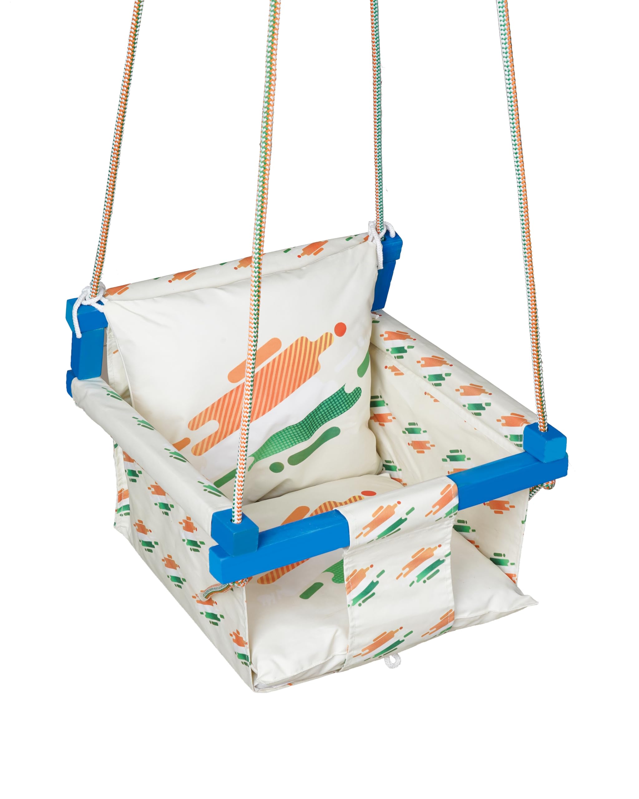 Cotton Swing for Kids, Jhula for Baby, Wooden Baby Swing Hanging Indoor Outdoor, Baby Garden Swing with Safety Belt & 2 Pillows (6 Months to 4 Years) (Up to 20 kg)