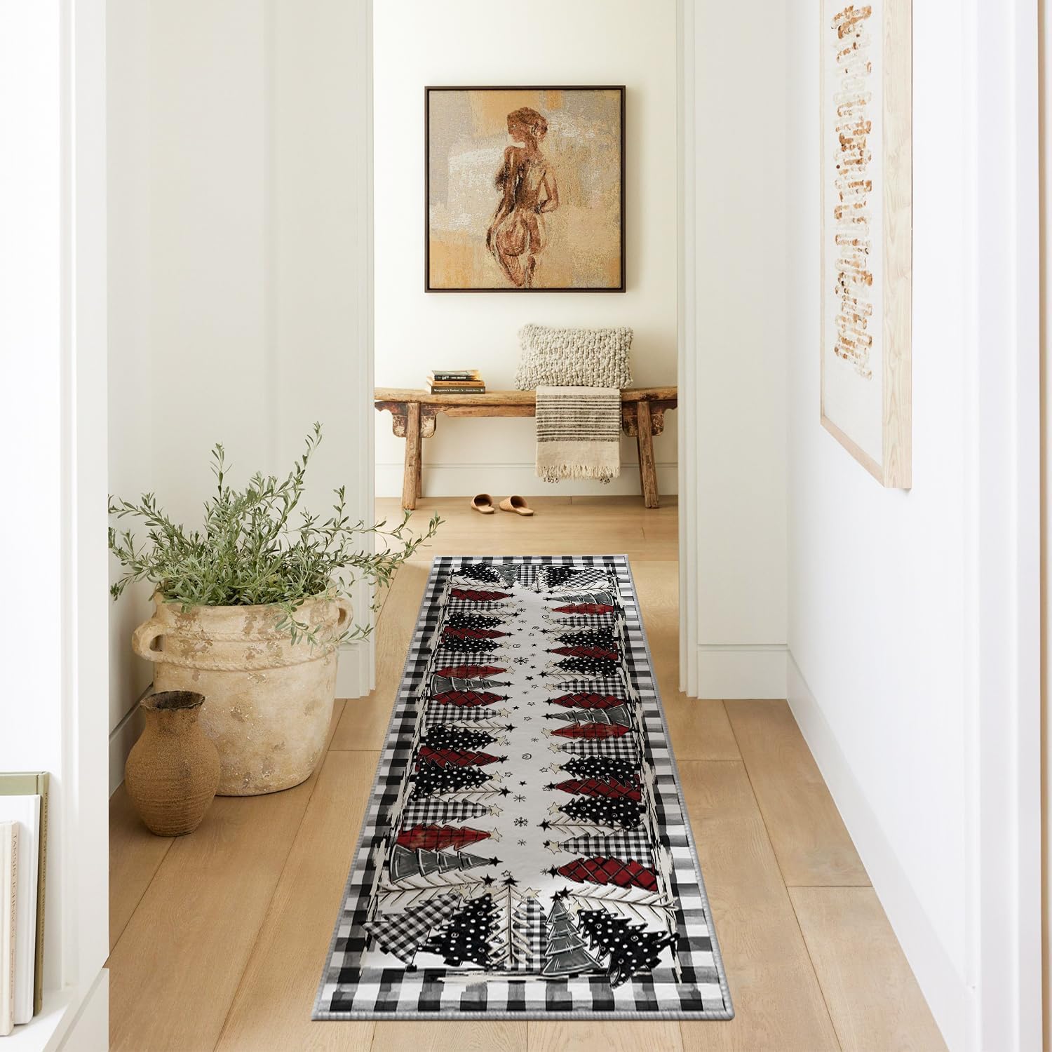 Artoid Mode Watercolor Buffalo Plaid Xmas Tree Merry Christmas Area Rug, Winter Home Decor Low-Profile Non-Slip Washable Runner Rug for Entryway Bedroom Living Room Laundry Room Indoor 2x6 Feet