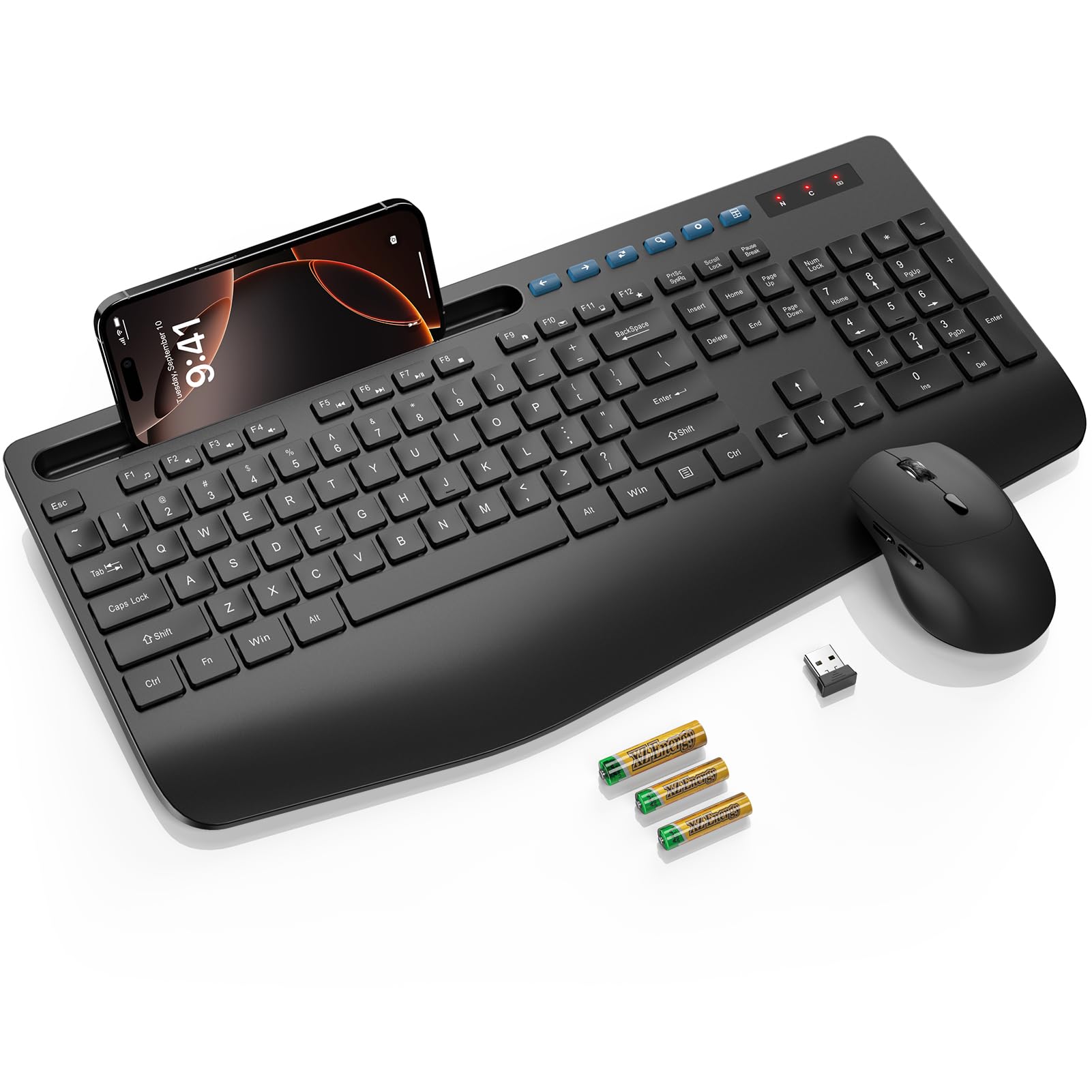 SABLUTE Wireless Keyboard and Mouse, Wrist Rest, Phone Holder, Batteries Included, 2.4G Lag-Free Ergonomic Keyboards Mouse Combo, Silent Keyboard Cordless Set for Computer, Laptop, PC, Mac, Windows