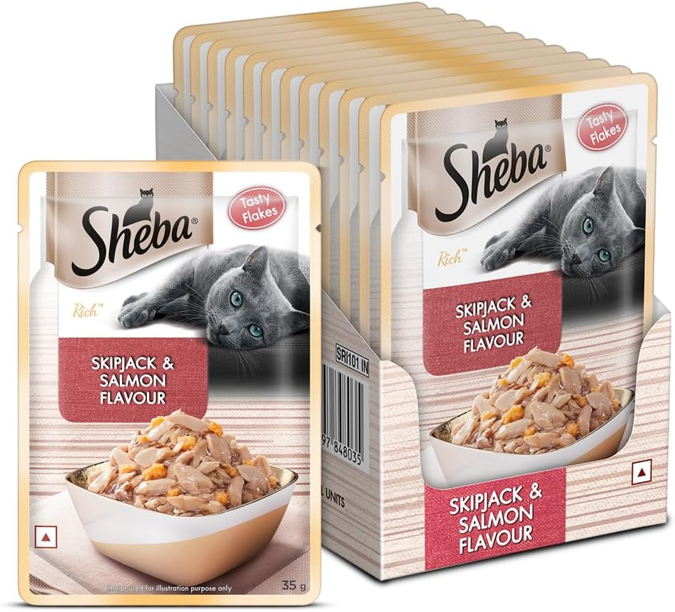 Rich Premium Adult (1+ Years) Wet Cat Food, Skipjack & Salmon Flavour, 35 g Pouch (Pack of 12), High-moisture wet food for healthy hydration