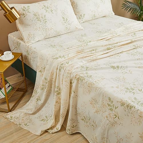 FADFAY Juego de sábanas tamaño California King, juego de sábanas de hojas florales, 100% algodón de 600 hilos, ropa de cama de flores verdes y disponible en Yaxa Peru