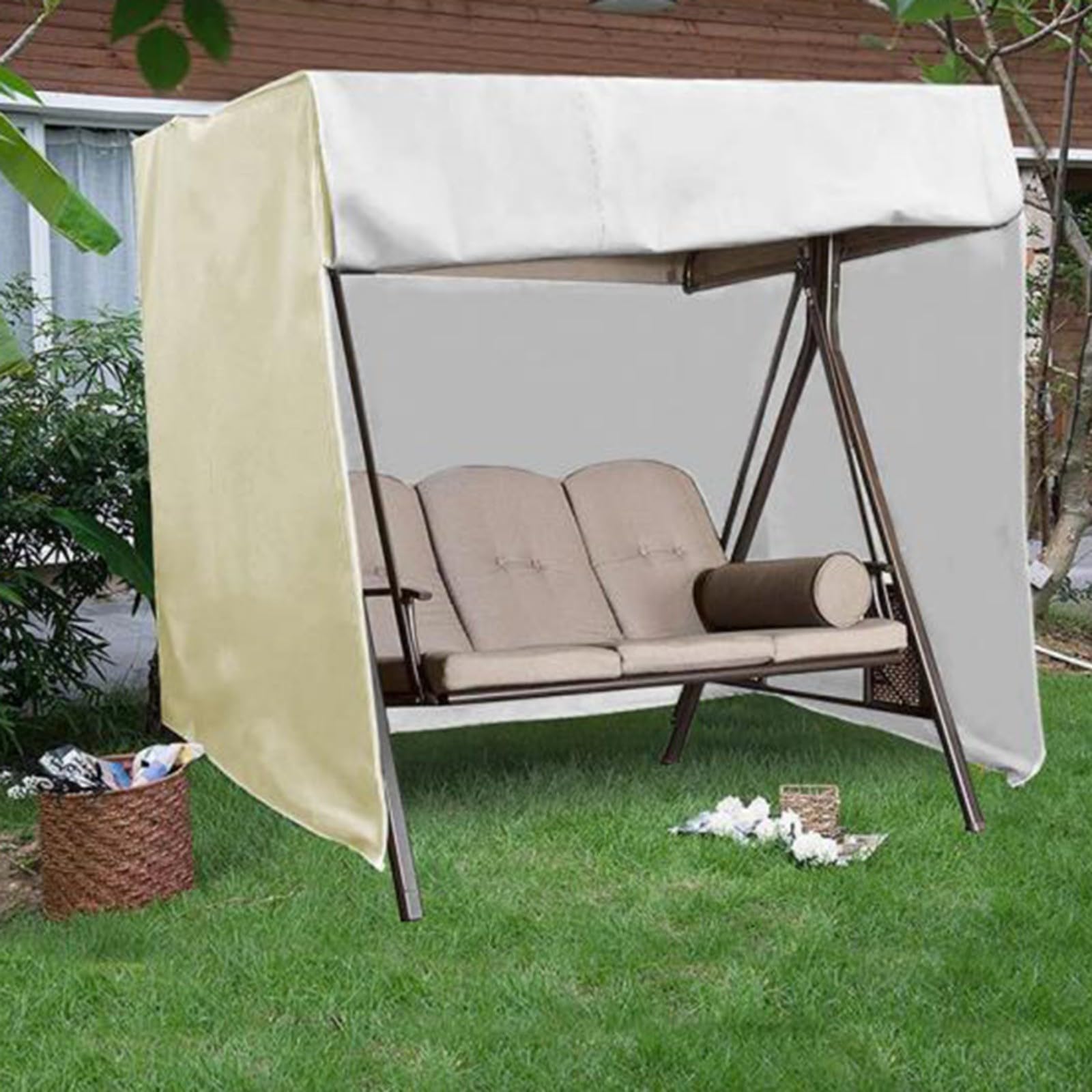 RichVibe Copertura per dondolo da esterno a 3 posti, per sedia sospesa, rivestimento argento 190T, impermeabile, protezione solare, 2190 x 129 x 170 cm (beige)