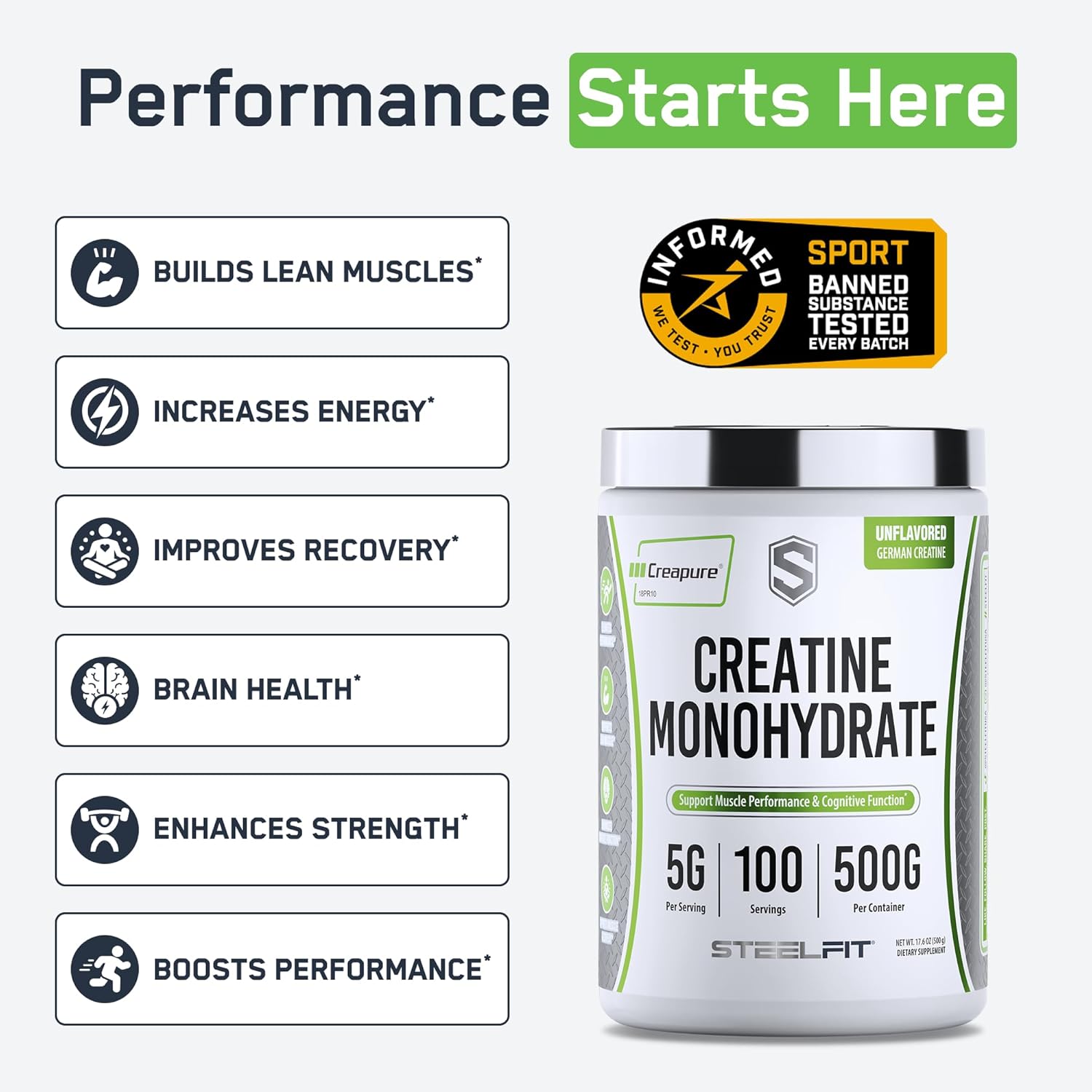 SteelFit Creapure Creatina Monohidrato en polvo, sin sabor - Creatina micronizada alemana en polvo para hombres y mujeres - Suplementos nutricionales de entrenamiento en el gimnasio para ganar músculo, salud cerebral y desarrollo de fuerza