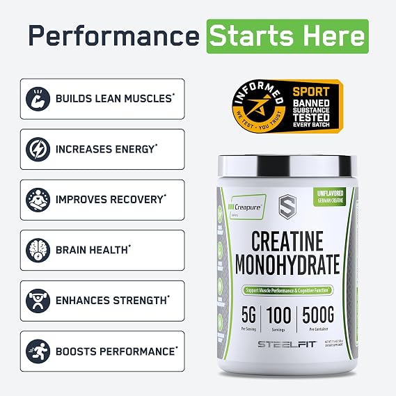 SteelFit Creapure Creatine Monohydrate Powder, Unflavored - German Creatine Powder for Men & Women - Gym Workout Nutritional Supplements for Muscle Gain, Brain Health & Strength Building, 100 Servings
