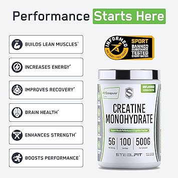 SteelFit Creapure Creatine Monohydrate Powder, Unflavored - German Creatine Powder for Men & Women - Gym Workout Nutritional Supplements for Muscle Gain, Brain Health & Strength Building, 100 Servings
