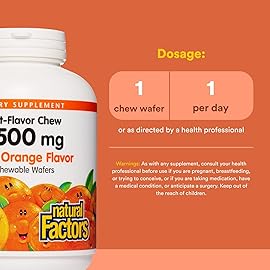 Natural Factors, Kids Chewable Vitamin C 500 mg, Supports Immune Health, Bones, Teeth and Gums, Tangy Orange, 180 Count (Pack of 1)