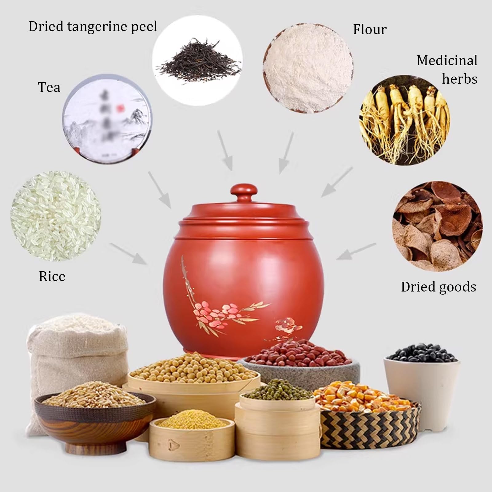 Genérico Recipiente Clásico de Arroz Chino de Cerámica Morada, Hermético de 10kg con Tapa for Almacenar Alimentos a Granel con Tapa for Harina, Avena, Café, Azúcar Moreno, Té, Galletas