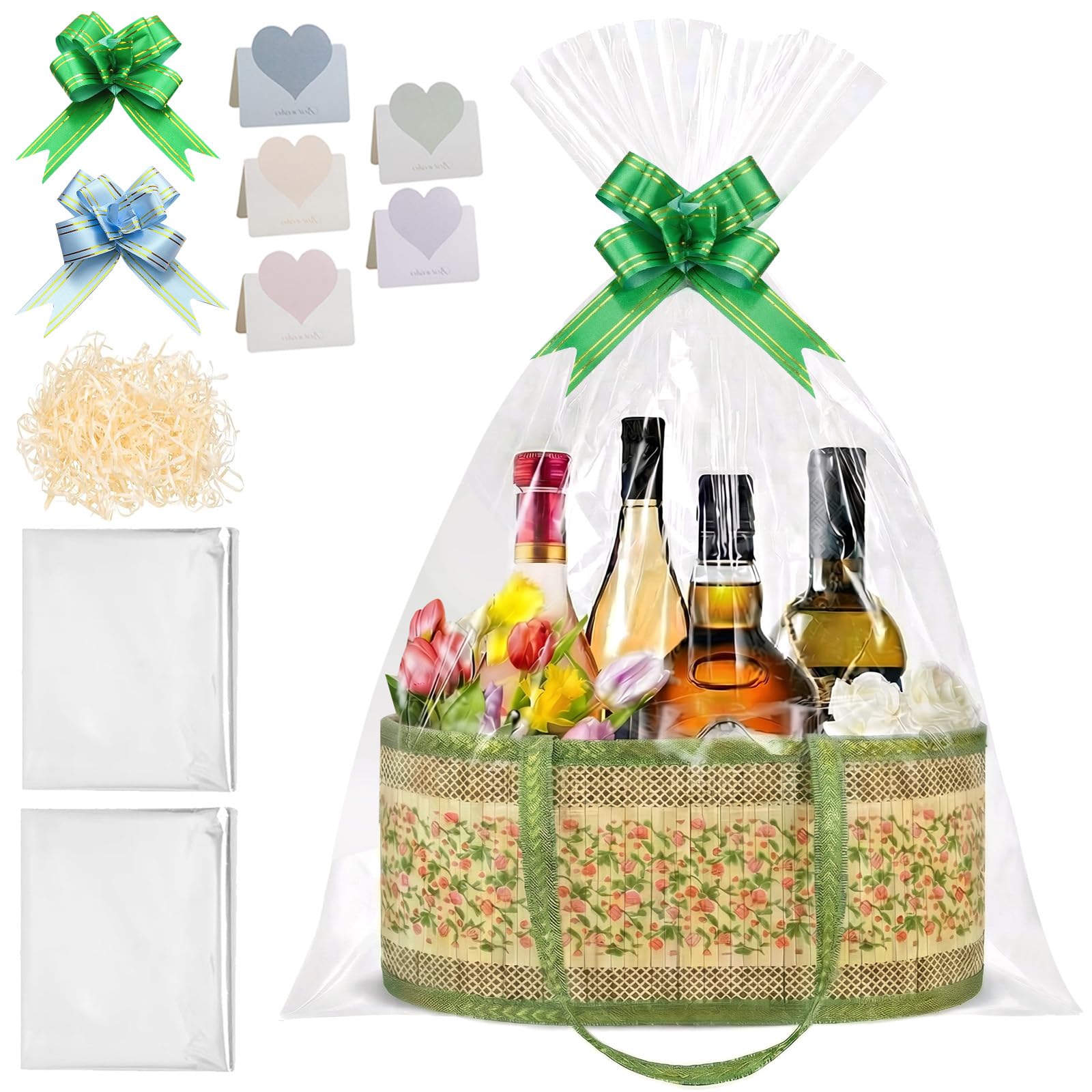 Empty Woven Bamboo Gift Basket - 1Pcs Green Foldable Large Empty Hamper Basket with Handles with 2 Bags 2 Pull Bows 1 Parts Raffia and 5 Greeting Cards for Baby Shower Easter Housewarming (30x20x16cm)