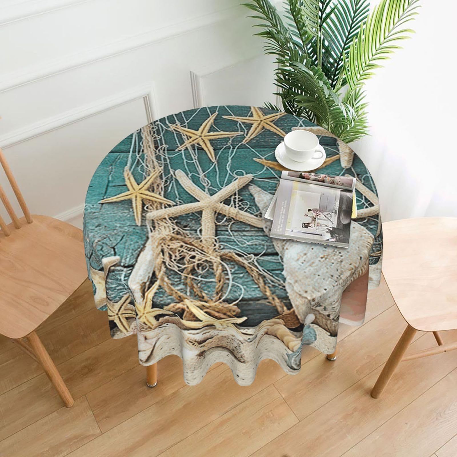 Uusnwaa Starfish Seashell Beach Print Round Tablecloth 60 Inch, Stain Wrinkle Resistant Washable Polyester Table Cover For Kitchen Party