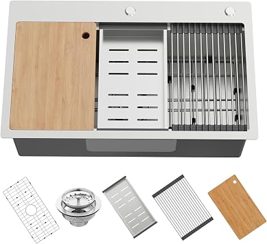 30x18In Stainless Steel Kitchen Sink Workstation, Drop-In, Single Bowl
