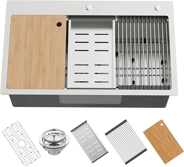 Kitchen Sink Workstation,30"x18" Stainless Steel Drop In Single Bowl Sink Built-in Ledge Topmount Workstation Sink Design For Placing/Sliding Accessories-Cutting Board And Drying Rack,Colander