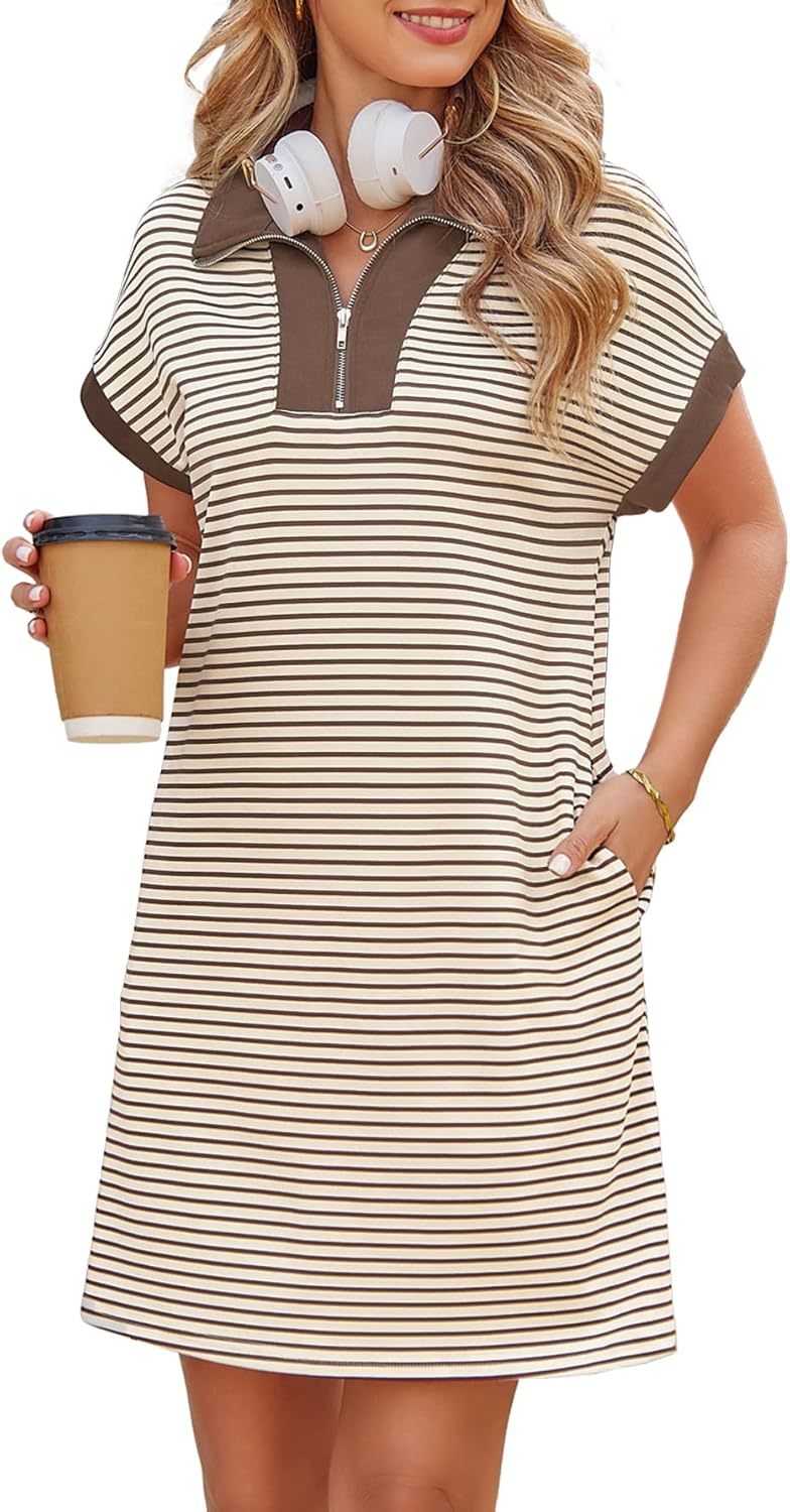 Kikibell Womens Half Zipper Striped Mini Dress Casual Collared V Neck Short Sleeve Knit Shift Dresses with Pockets