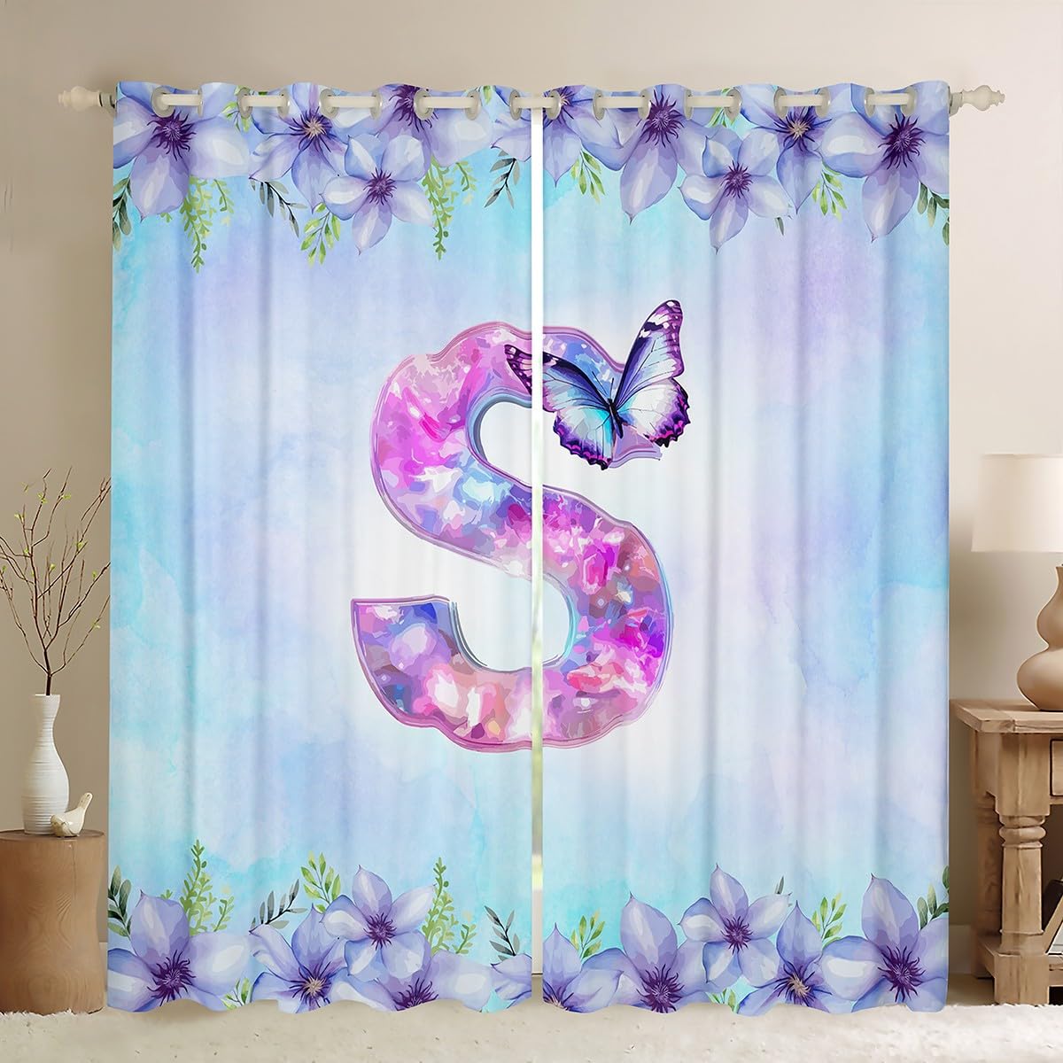 Homewish Rideau Occultant 140x175 cm Lettre Initiale S, Rideau Papillon Violet, Rideaux Voilage Fleur Florale Élégante, Voilage Fenetre Animal Fantaisiste de Rêve pour Chambre Salon
