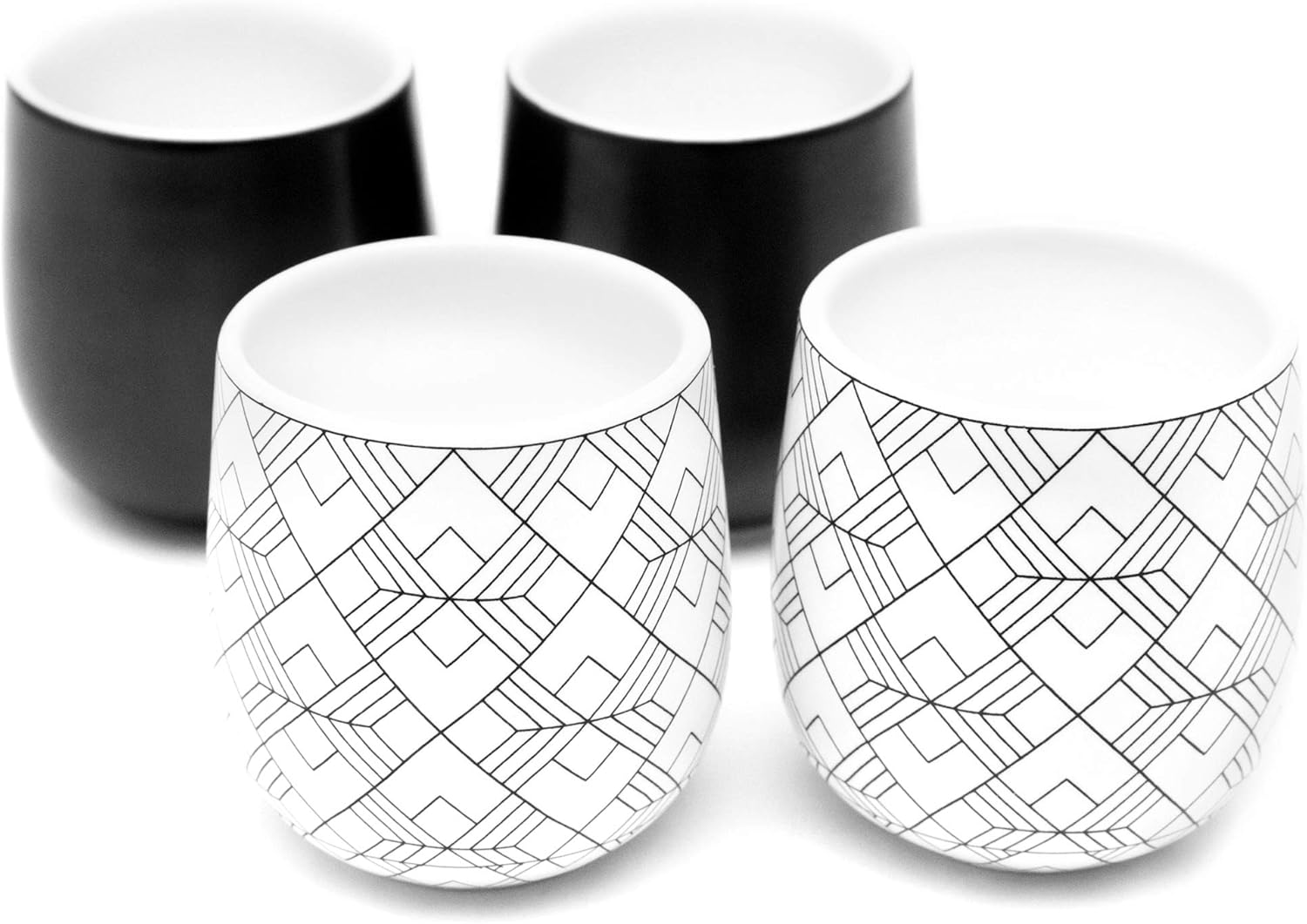 Fеаturеd Prоduсt Double Walled Espresso Cups, Dobbelt Set of 4, 2 Oz - 2 Black and 2 Square Pattern - Insulated Ceramic Cups for Latte, Cappuccino, Tea - Modern, Contemporary, Art Deco Design - Box Set, by Kop & Hagen