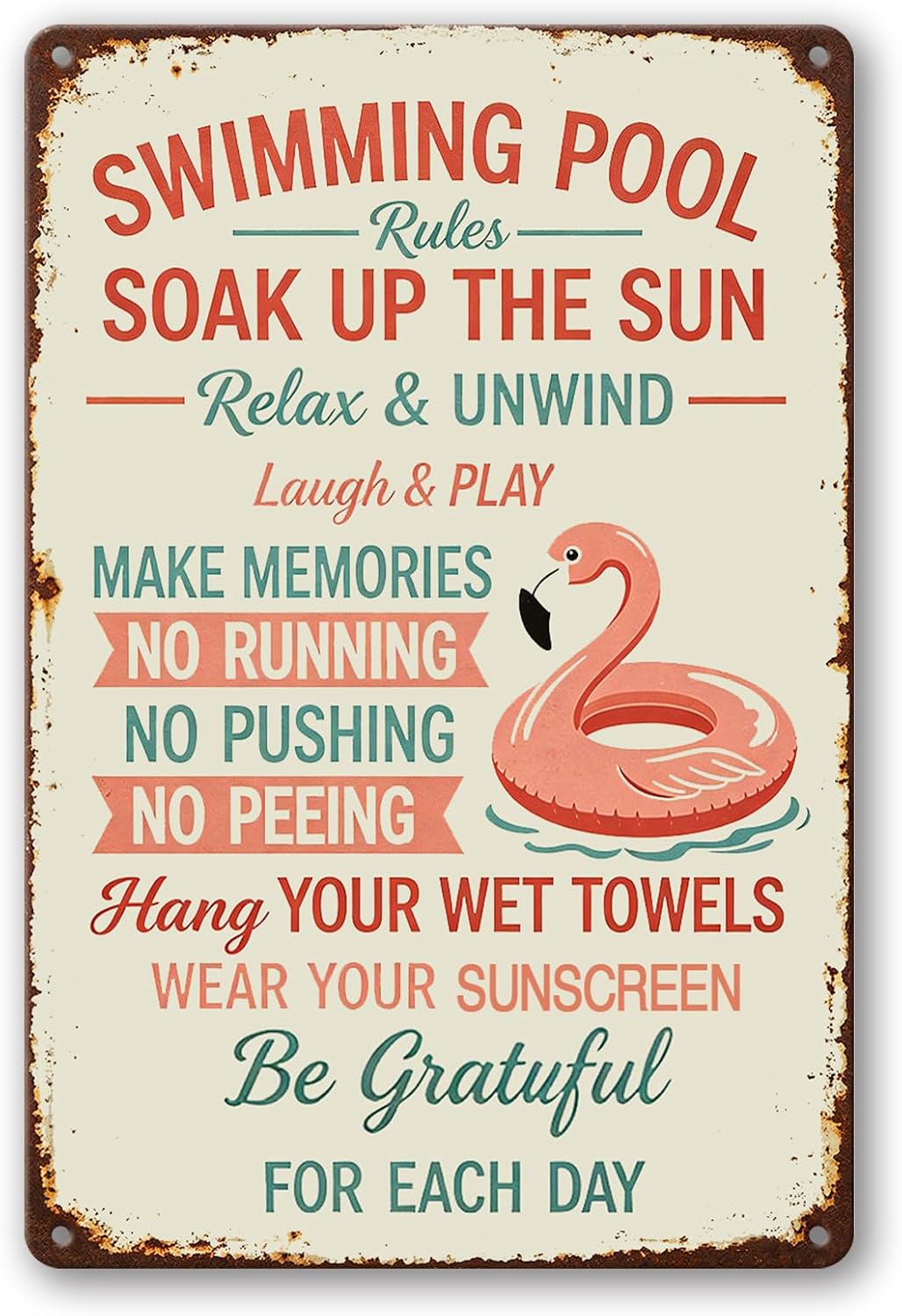 Funny Pool Rules Metal Sign, Flamingo Wall Decor 8x12 Inch