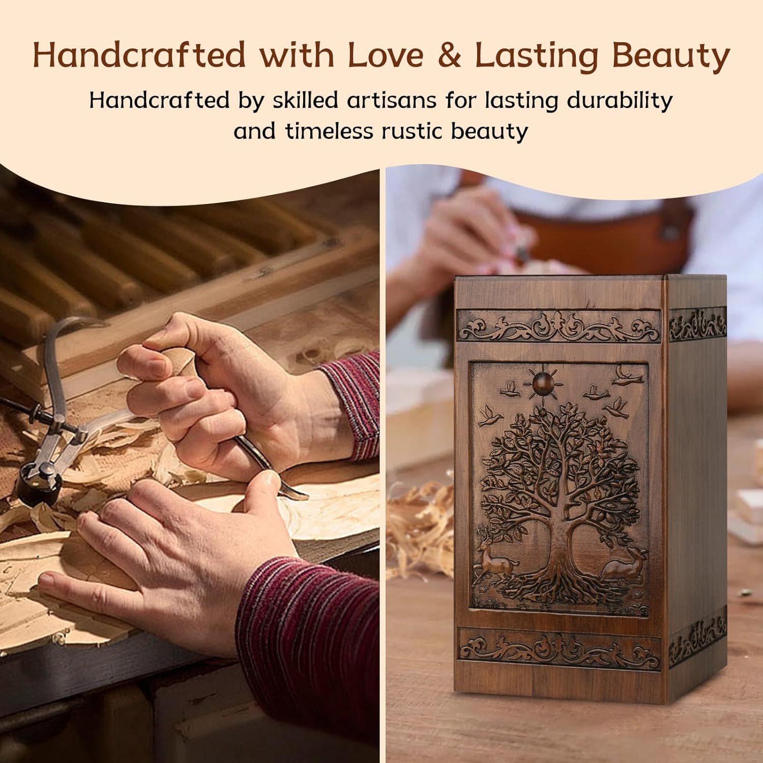 Urn for Ashes for Women, Wooden Urns for Human Ashes Adult Female Male, with Box, Stones, Dried Flowers Card, Hand-Carved Memorial Cremation Urns for Adults, Holds 250 Cubic Inches - Image 3