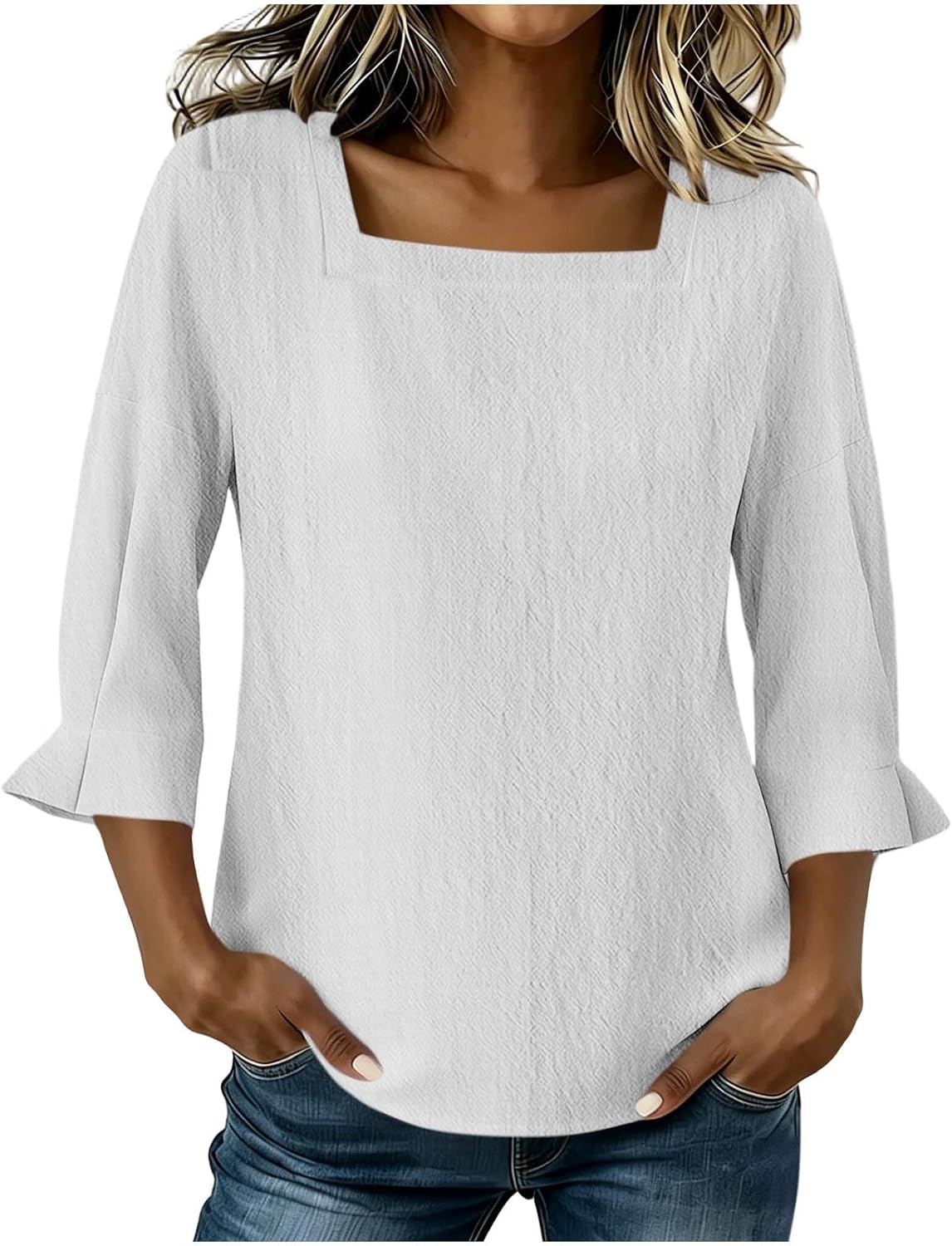 Women Square Neck Blouse 3/4 Bell Sleeve Loose Casual Top Breathable Lightweight Summer Shirt for Work Travel Office