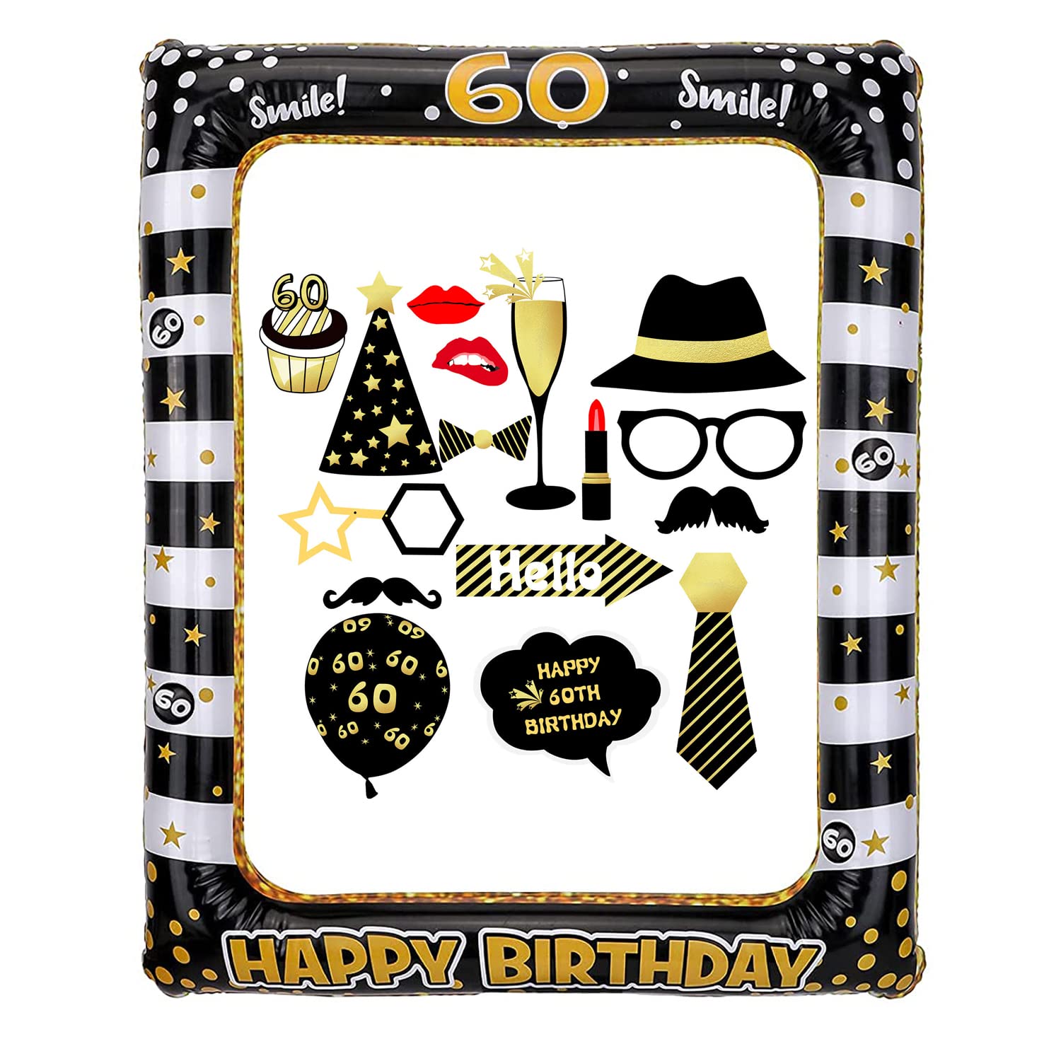Zanpoon Women's 60Th Birthday Inflatable Selfie Frame And Photo Booth Props Giant Black Gold Blow Up Decorations For Mens Birthday Party Supplies Theme Party Kit