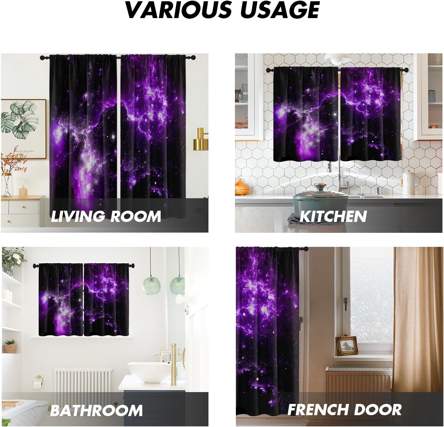 Purple Galaxy Curtains 42" W x 63" L Space Star Outer Black Universe Planets Nebula Starry Sky Fantasy Darking Cool Kids Boys Design Living Room Bedroom Window Drapes Treatment Fabric 1 Pair