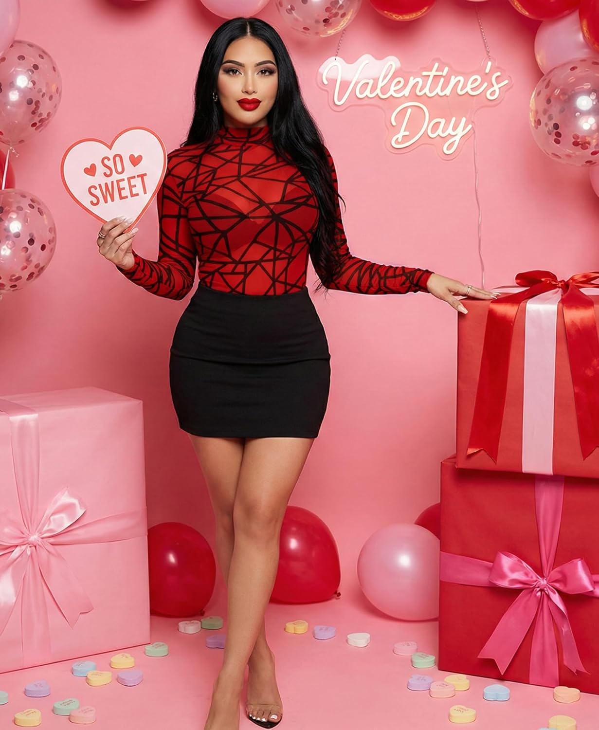 Floral Mesh Long Sleeve Tops for Women Mock Neck See Through Fitted Sexy Going Out Top - Image 3