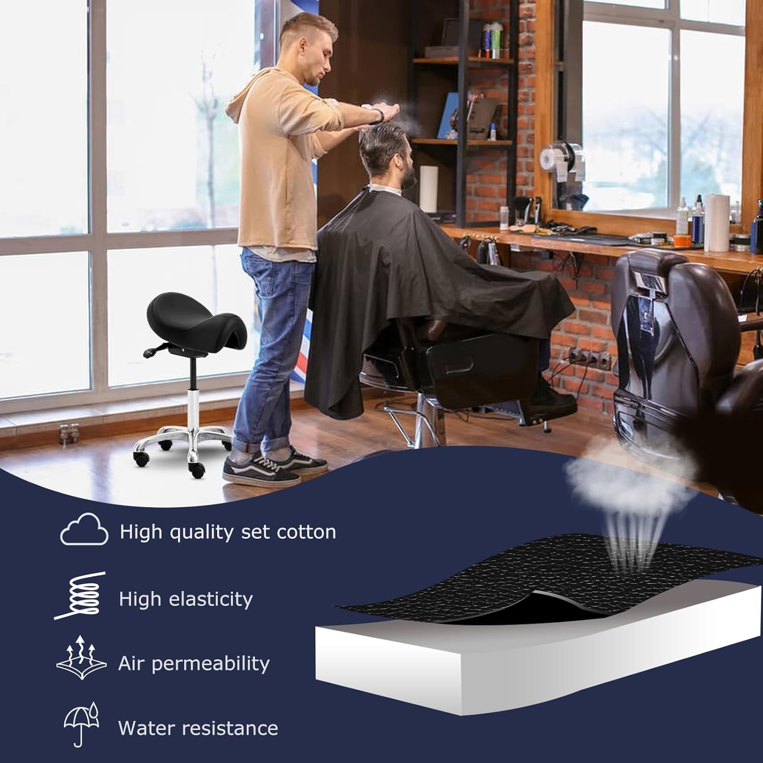 Saddle Stool with Wheels, Height Adjustable Ergonomic Rolling Saddle Chair for Salon Tattoo Shop Spa Home Dentist Clinic, Black Saddle Stool