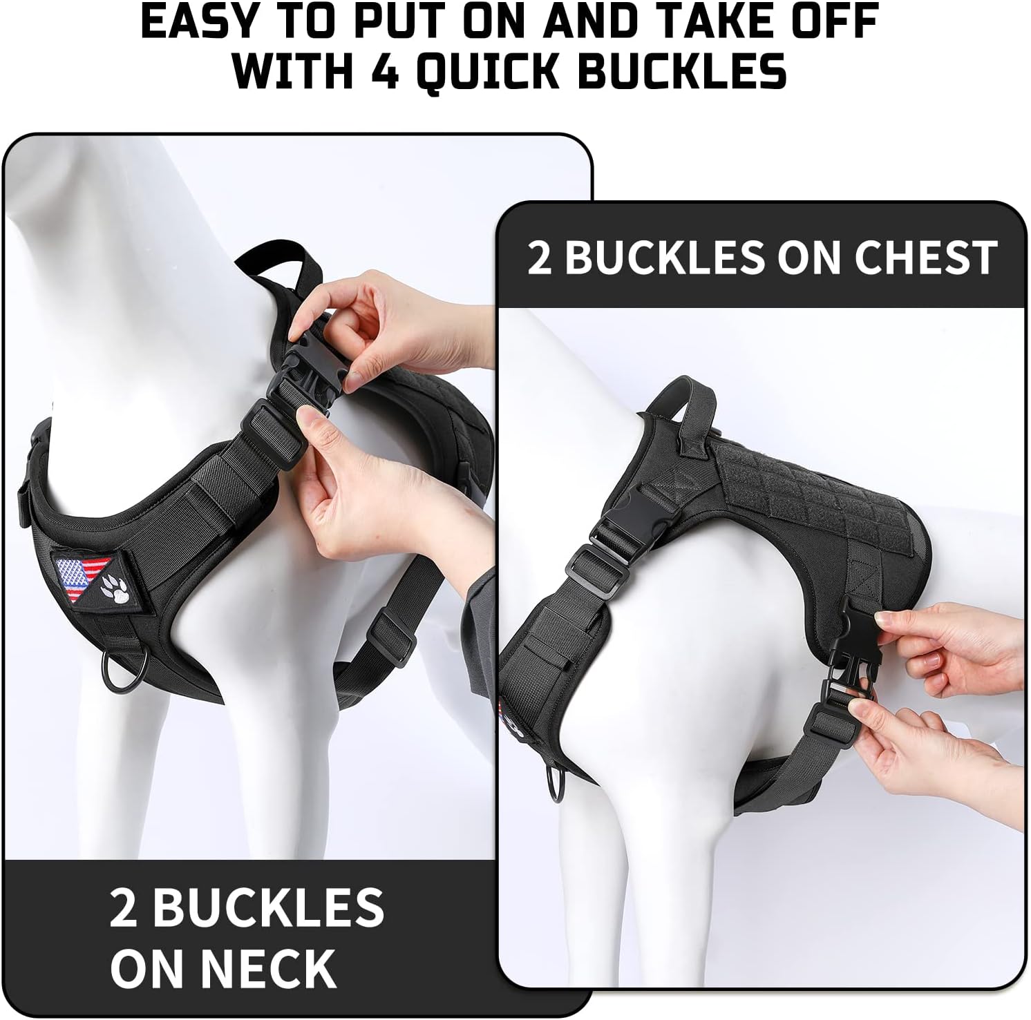 voopet Tactical Dog Harness - Military Emotional Support Service Dog Vest with Handle & Molle for Medium Large Dogs, Easy Control No Pull ESA Dog Vest with 6 Tags for Working Training