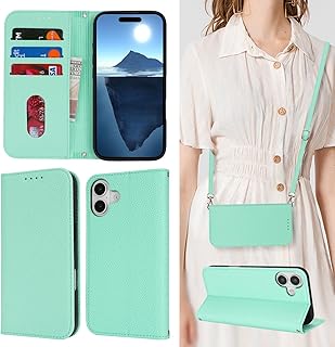 【Hamany】 対応 iphone 16 ケース 手帳型 ショルダー あいふおん16ケース スマホストラップ カード収納 財布型 スタンド機能 スマホケース iphone 16 マグネット式 レザー 女性 肩がけ 首掛け 斜め掛け ショルダー 携帯カバー -ペパーミントグリーン